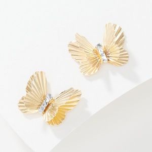 QVC Adorna 14K Solid Yellow & White Gold 3D Butterfly Textured Stud Earrings